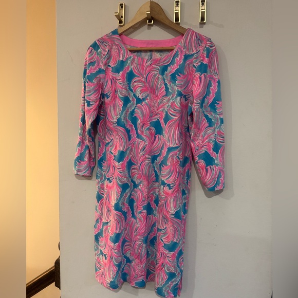 Lilly Pulitzer Charley Dress Size L 3/4 Sleeve Casual Cotton Pink Blue - Picture 5 of 8